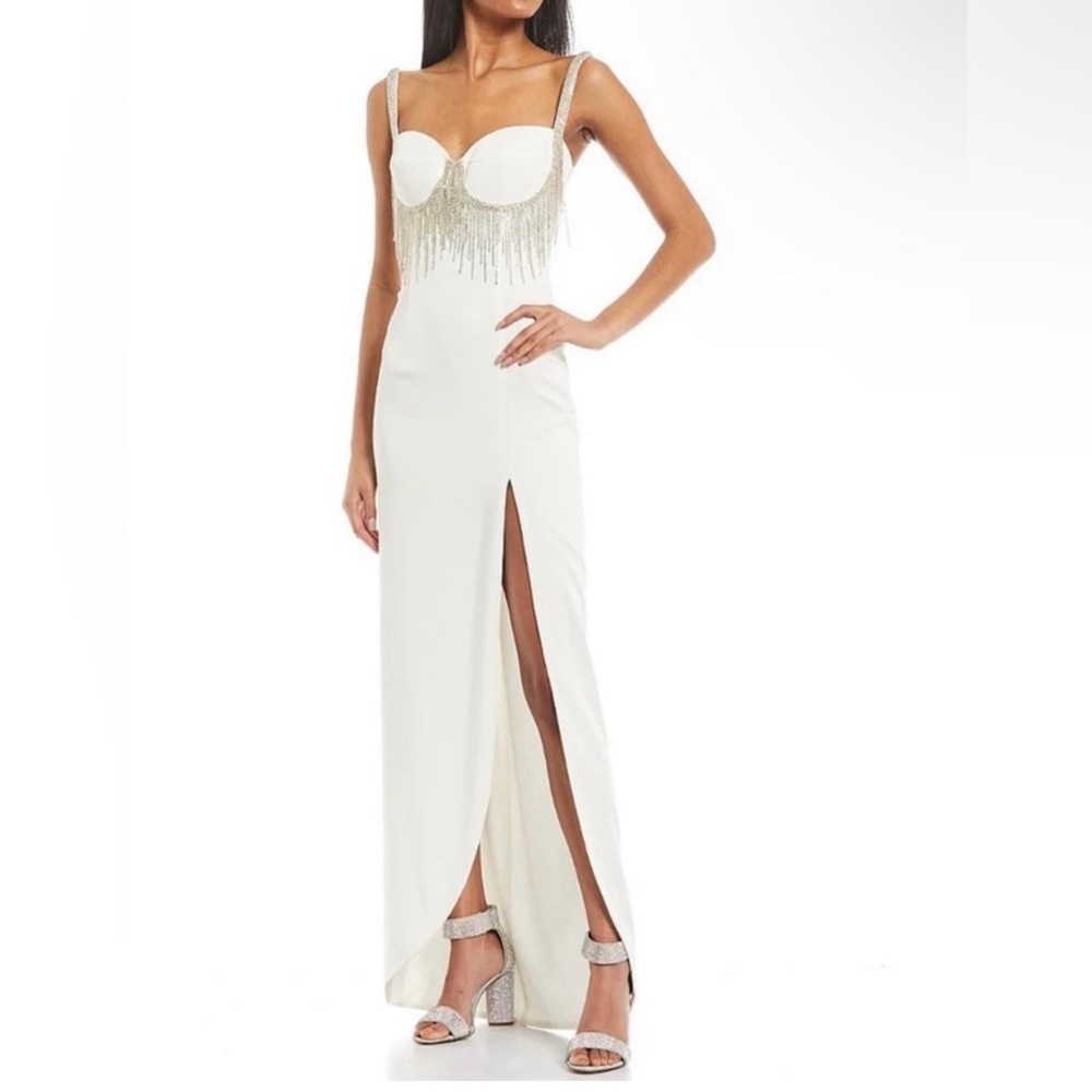 Gianni Bini Sweetheart Neckline Beaded Fringe Front Slit Black Embellished Dress